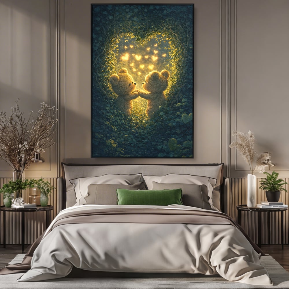 Tablou canvas cu doi ursuleti pufosi in padure, in rama de aluminiu negru, pe perete intr-un dormitor